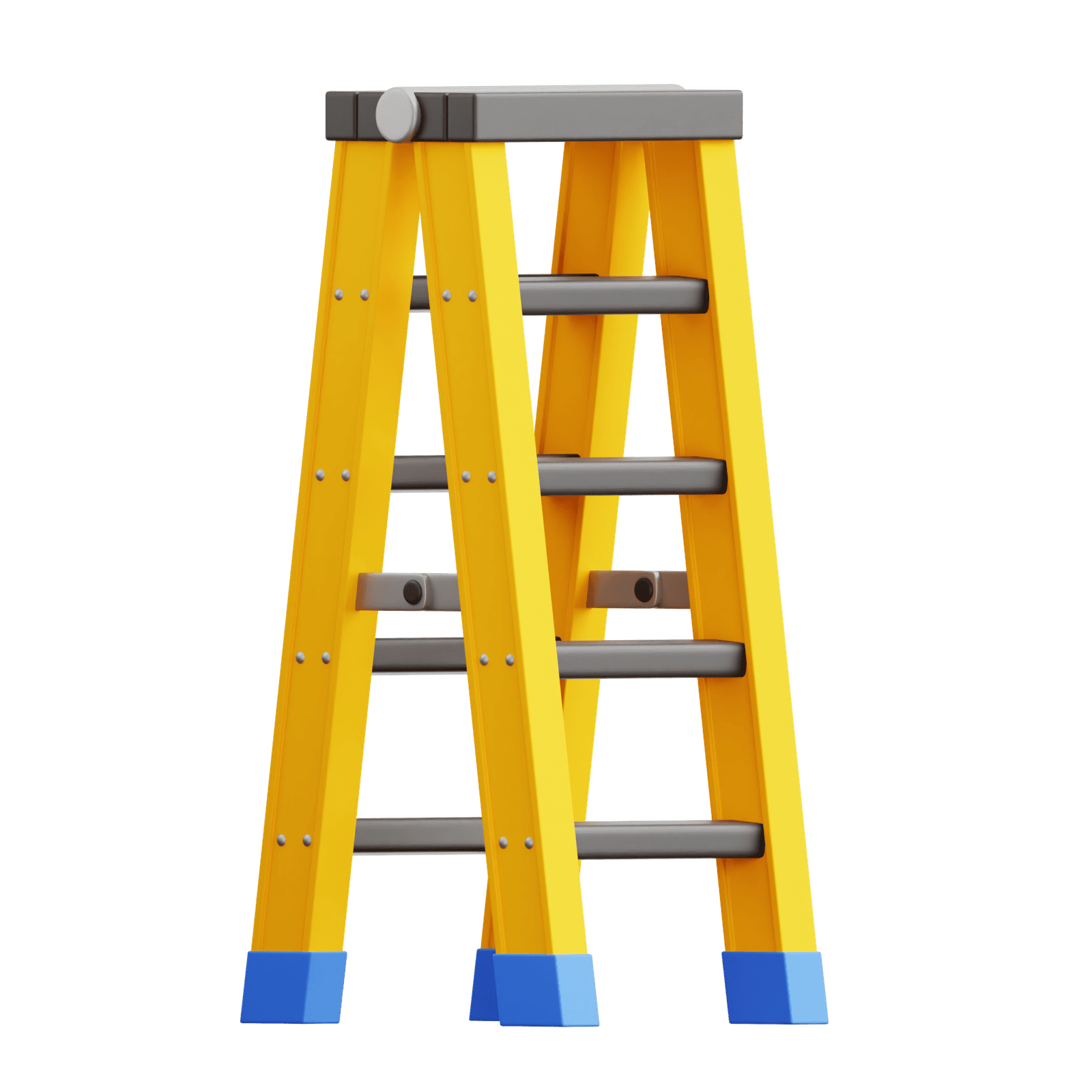 Yellow step ladder with gray and blue accents for construction work.