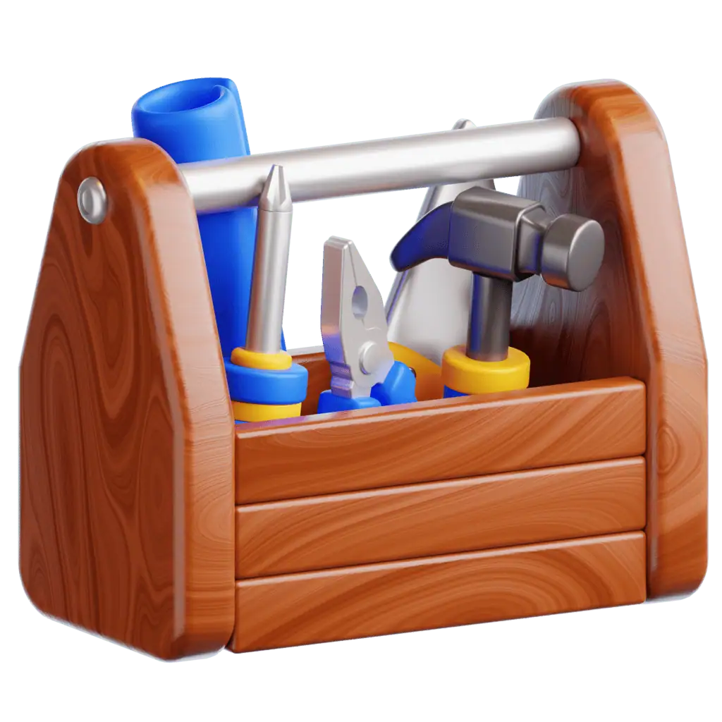 Wooden toolbox containing hammer, screwdriver, and other construction tools.