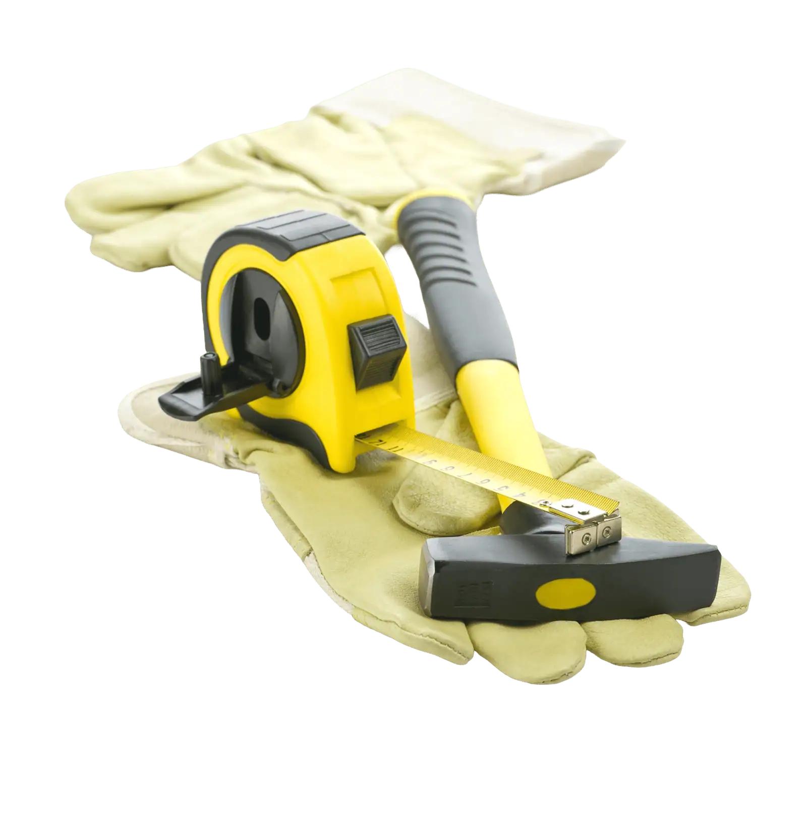 Construction tape measure, hammer, and gloves for building projects.