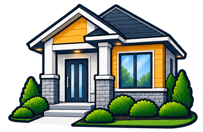 Stylish modern house with yellow siding, large windows, and landscaped yard.