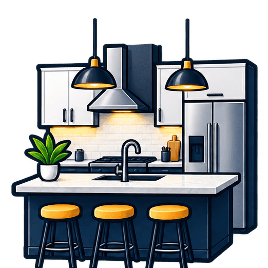 Contemporary kitchen with island, pendant lights, and stainless steel appliances.