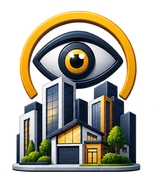 Futuristic city with a large eye symbol above skyscrapers.