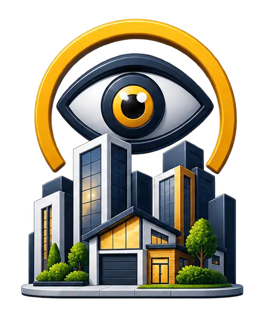 Futuristic city with a large eye symbol above skyscrapers.