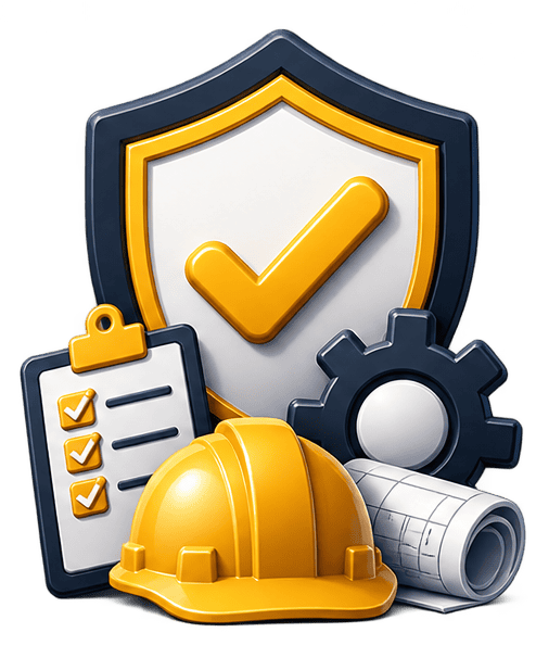 Construction safety gear with shield, checklist, and gear for quality assurance.