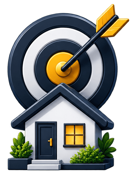 House with target and arrow symbolizing construction goals.